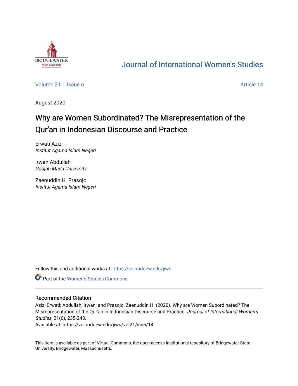 Why Are Women Subordinated? the Misrepresentation of the Qur'an in Indonesian Discourse and Practice