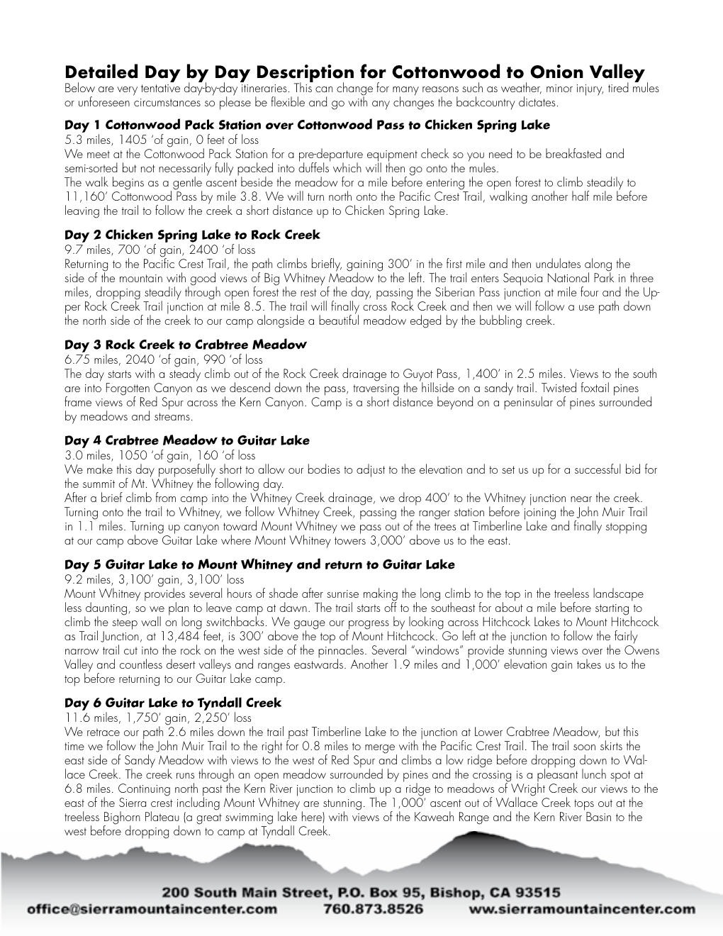 Cottonwood to Onion Valley Below Are Very Tentative Day-By-Day Itineraries