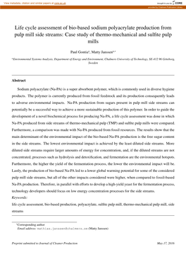 Life Cycle Assessment of Bio-Based Sodium Polyacrylate Production from Pulp Mill Side Streams: Case Study of Thermo-Mechanical and Sulﬁte Pulp Mills