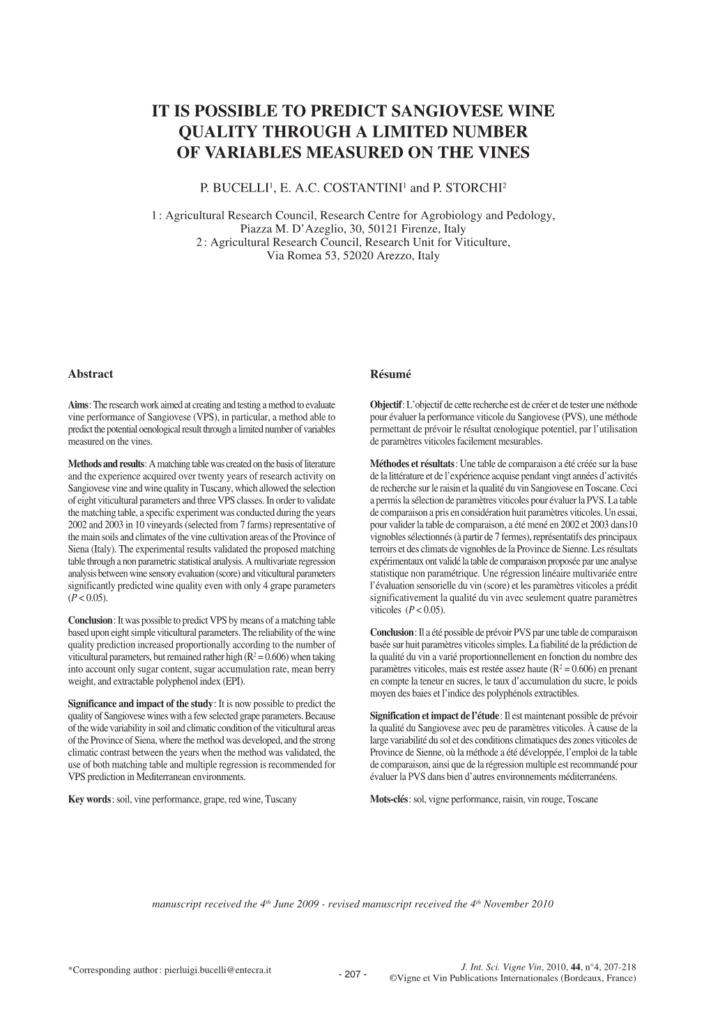 It Is Possible to Predict Sangiovese Wine Quality Through a Limited Number of Variables Measured on the Vines