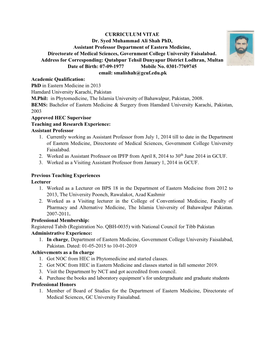 CURRICULUM VITAE Dr. Syed Muhammad Ali Shah Phd