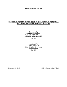 Technical Report on the Gold and Base Metal Potential of the Sy Property, Nunavut, Canada