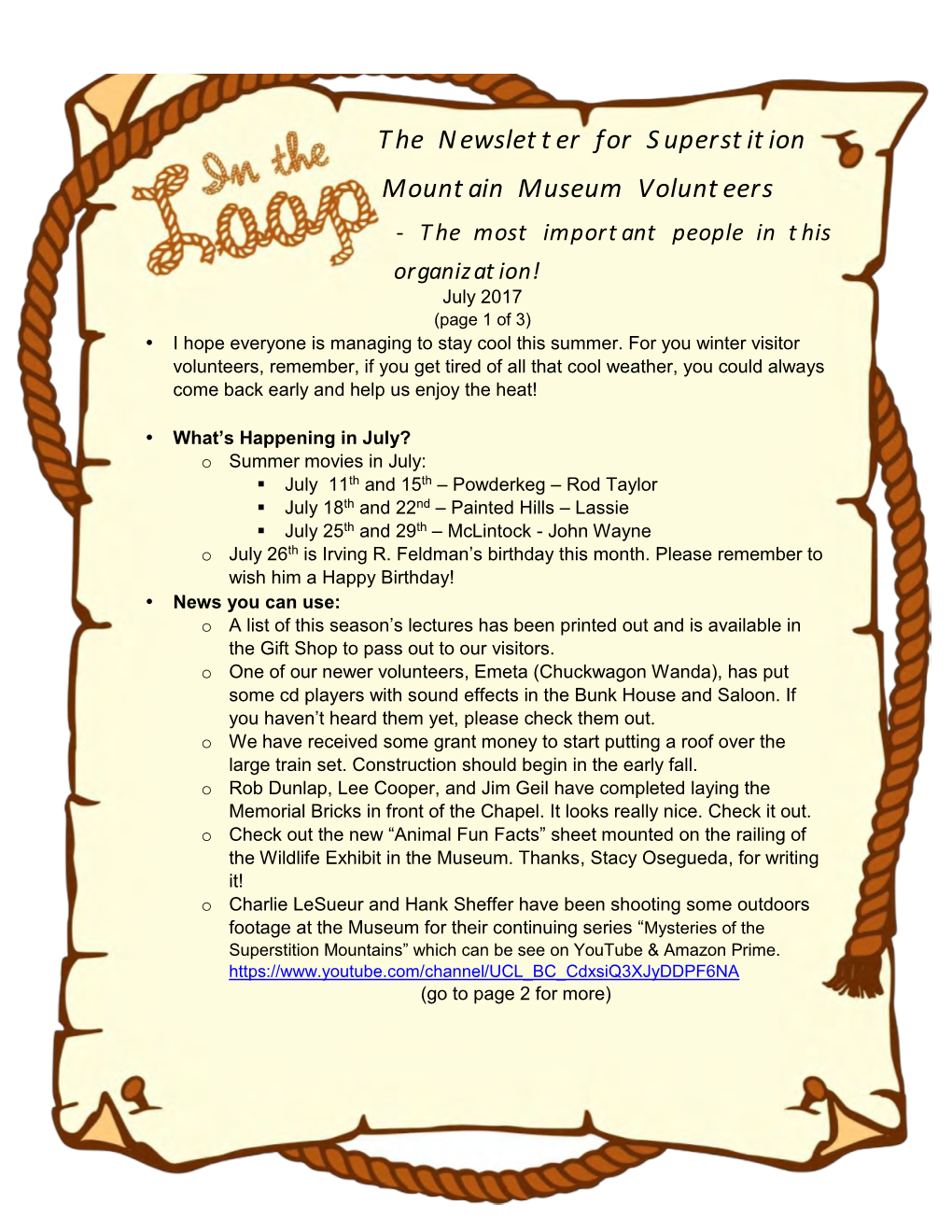 Newsletter for Superstition Mountain Museum Volunteers