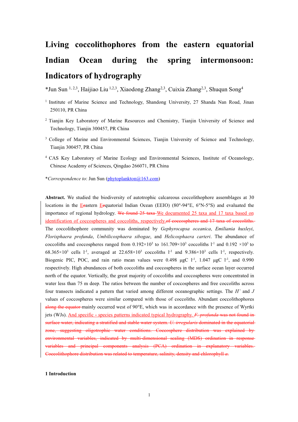 Living Coccolithophores from the Eastern Equatorial Indian Ocean During the Spring Intermonsoon: Indicators of Hydrography