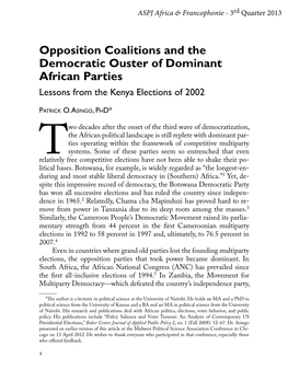 Opposition Coalitions and the Democratic Ouster of Dominant African Parties Lessons from the Kenya Elections of 2002