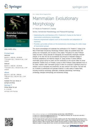 Mammalian Evolutionary Morphology a Tribute to Frederick S