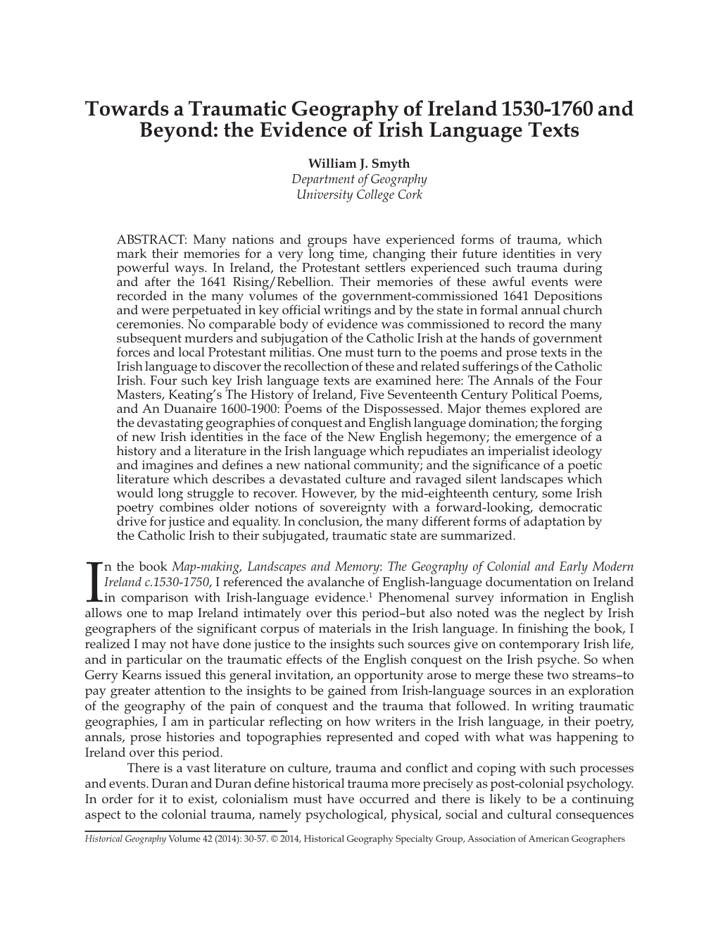 Towards a Traumatic Geography of Ireland 1530-1760 and Beyond: the Evidence of Irish Language Texts