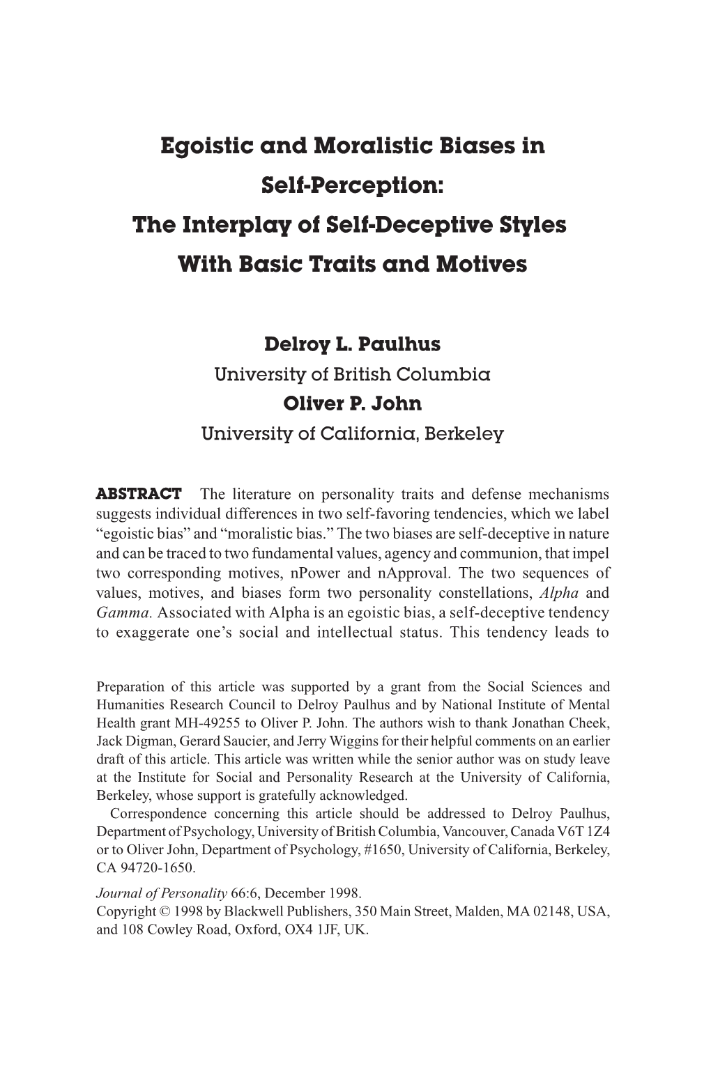 The Interplay of Self-Deceptive Styles with Basic Traits and Motives