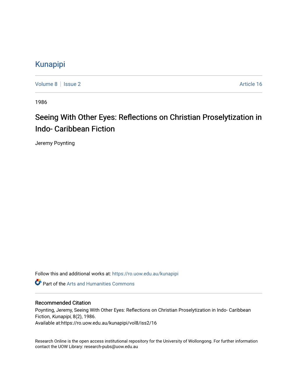 Reflections on Christian Proselytization in Indo- Caribbean Fiction