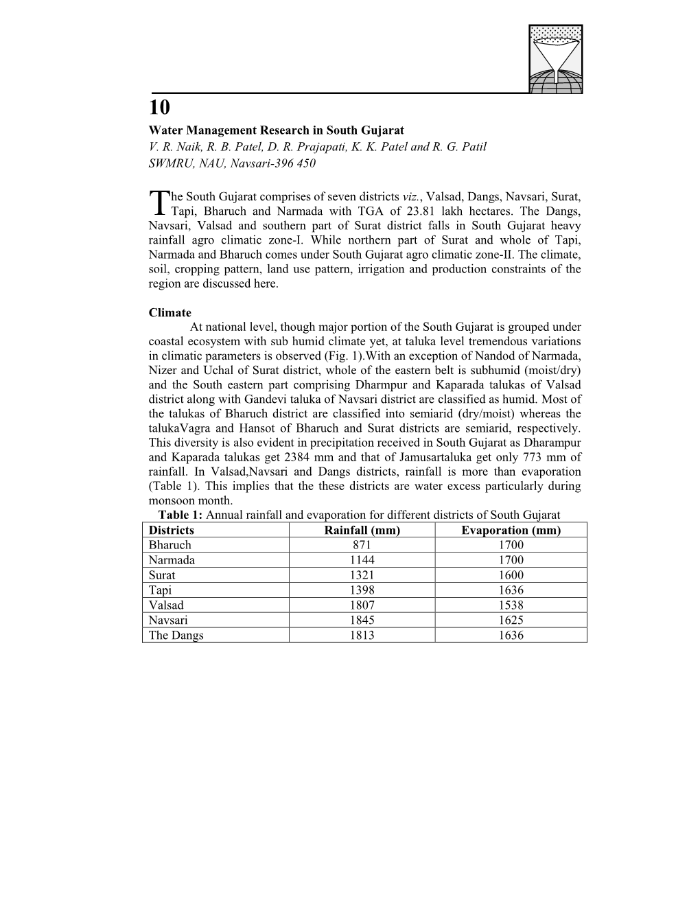 Water Management Research in South Gujarat V. R. Naik, R. B. Patel, D