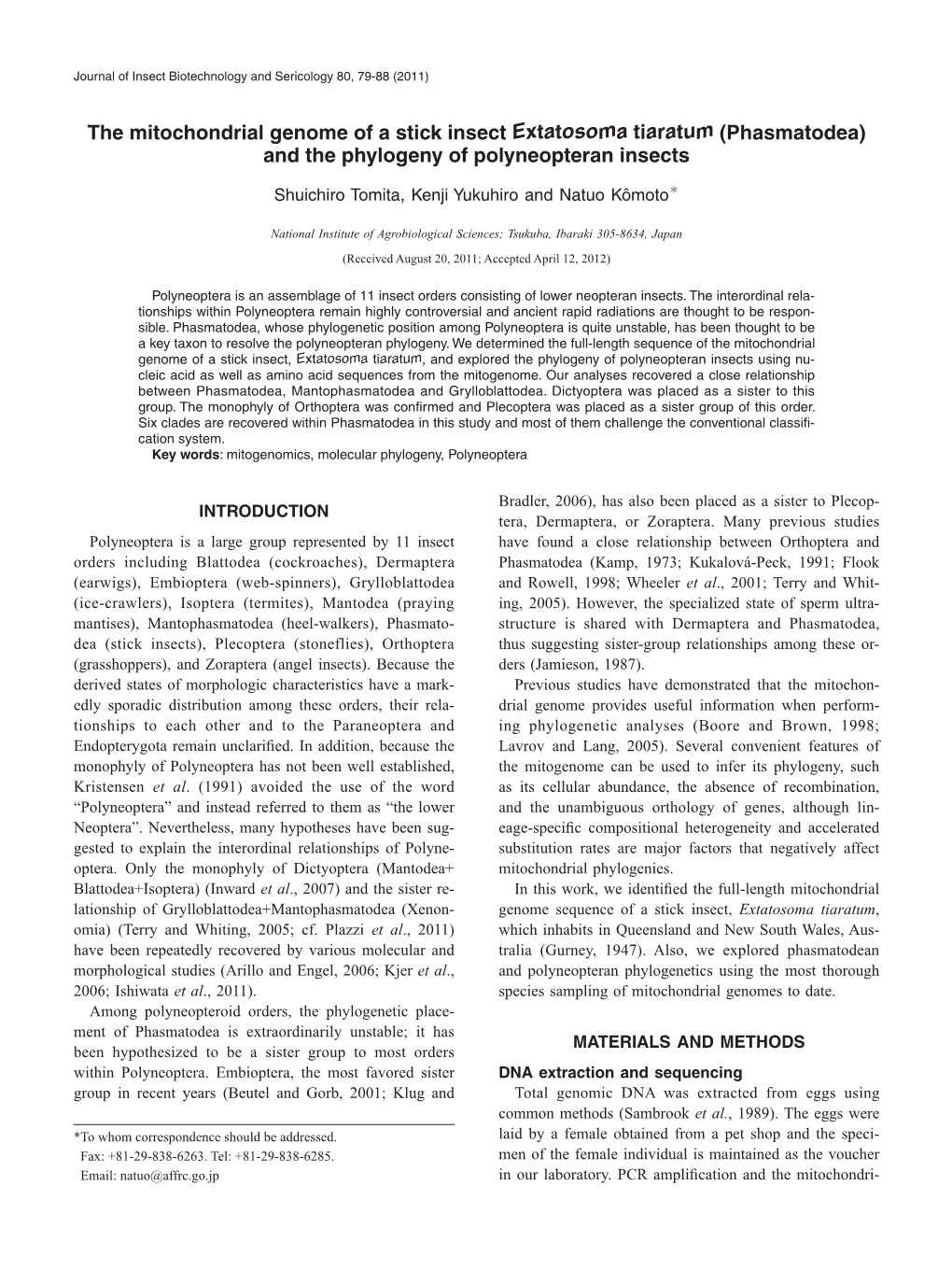 The Mitochondrial Genome of a Stick Insect Extatosoma Tiaratum (Phasmatodea) and the Phylogeny of Polyneopteran Insects