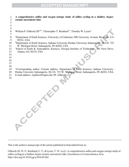 A Comprehensive Sulfur and Oxygen Isotope Study of Sulfur Cycling in a Shallow, Hyper- 2 Euxinic Meromictic Lake 3 4 5 6 William P