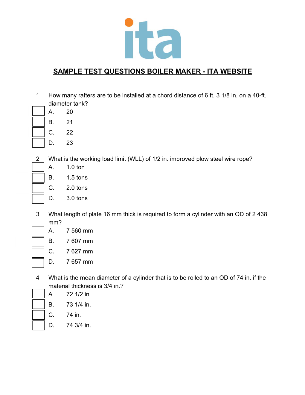 Sample Test Questions Boiler Maker - Ita Website