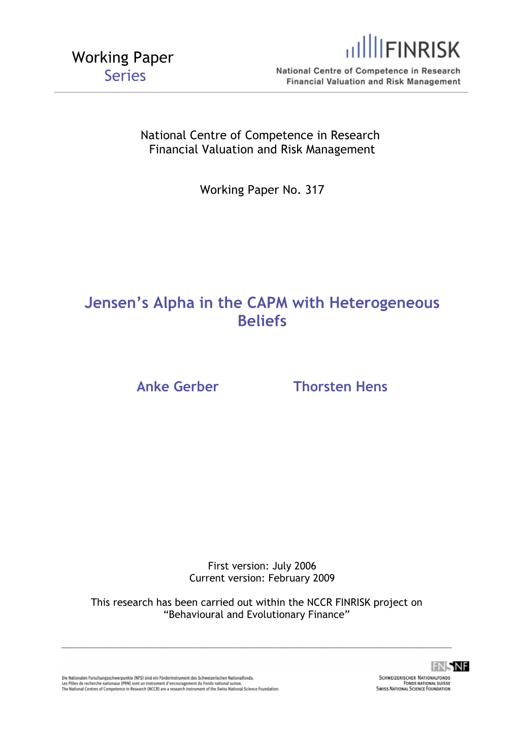 Working Paper Series Jensen's Alpha in the CAPM with Heterogeneous