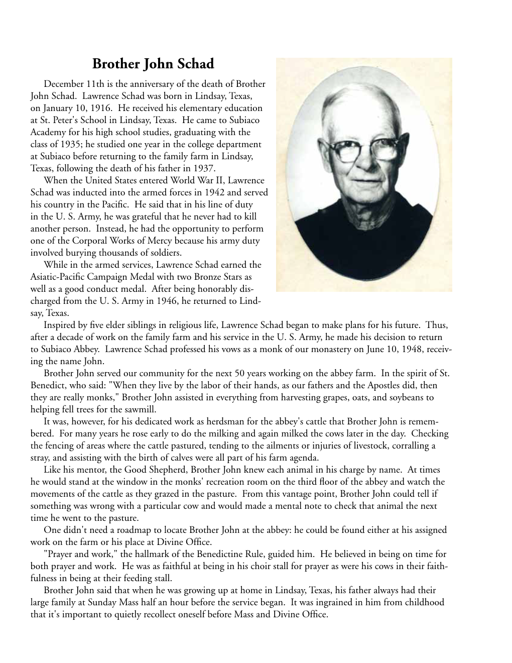 Brother John Schad December 11Th Is the Anniversary of the Death of Brother John Schad