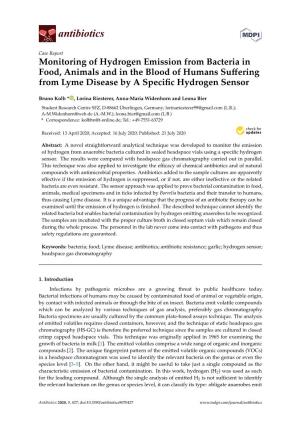 Monitoring of Hydrogen Emission from Bacteria in Food, Animals and in the Blood of Humans Suﬀering from Lyme Disease by a Speciﬁc Hydrogen Sensor