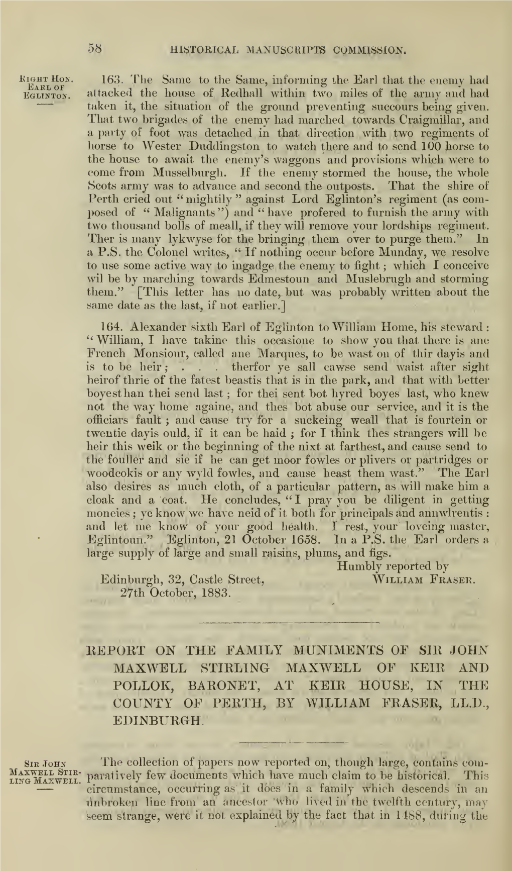 Reports on the Manuscripts of the Earl of Eglinton, Sir J. Stirling Maxwell