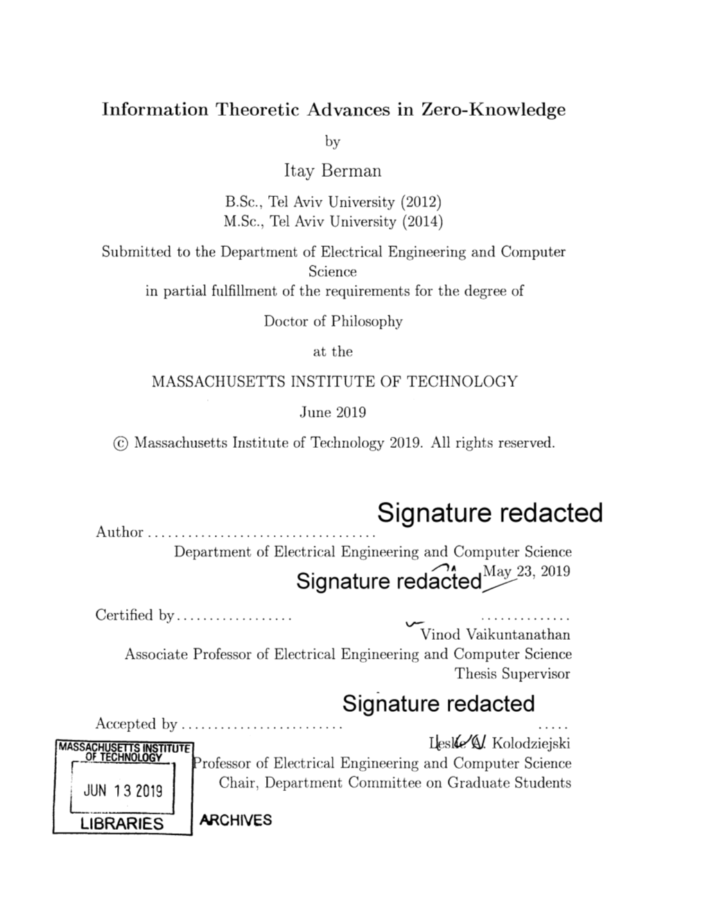 Signature Redacted Department of Electrical Engineering and Computer Science Signature Redacted