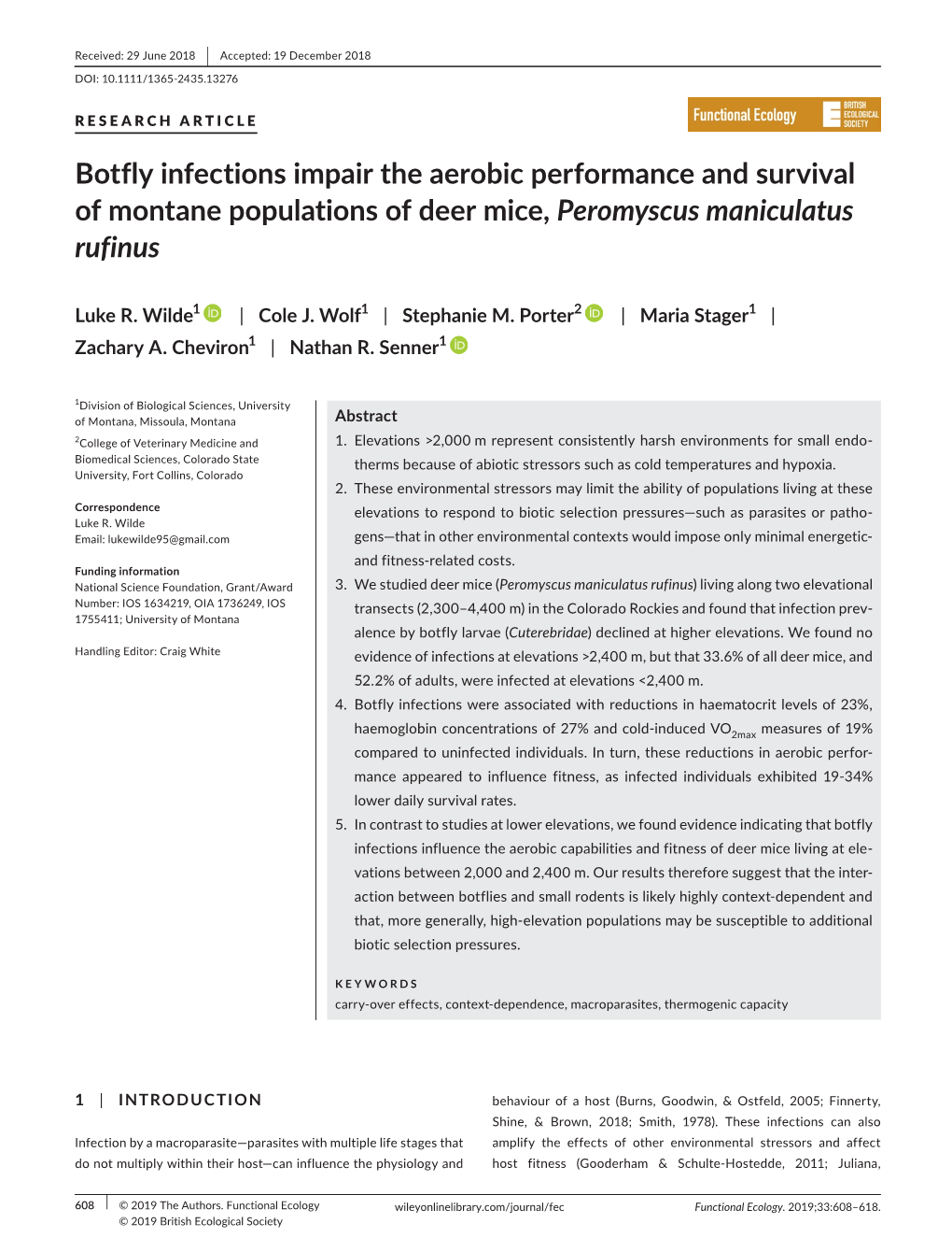 Botfly Infections Impair the Aerobic Performance and Survival of Montane Populations of Deer Mice, Peromyscus Maniculatus Rufinus