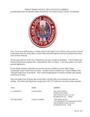 Jersey Shore Council, Boy Scouts of America Suggested List of Dignitaries to Invite to Your Eagle Court of Honor