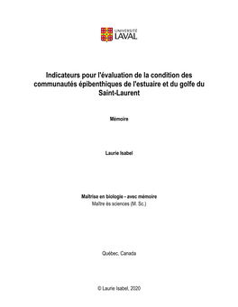 Indicateurs Pour L'évaluation De La Condition Des Communautés Épibenthiques De L'estuaire Et Du Golfe Du Saint-Laurent