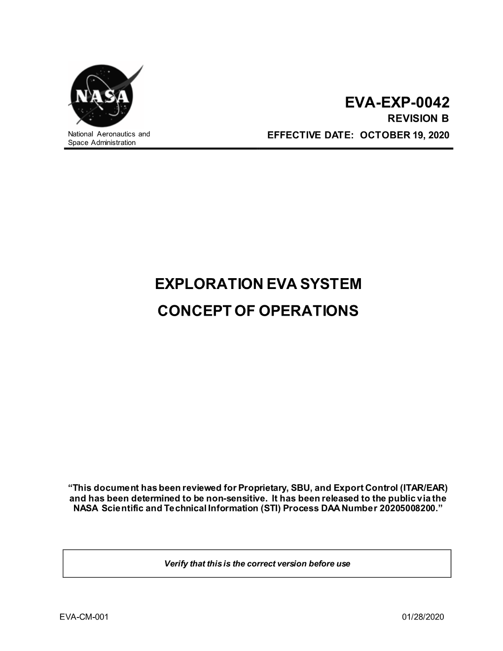 EVA-EXP-0042 REVISION B National Aeronautics and EFFECTIVE D at E: OCTOBER 19, 2020 Space Administration