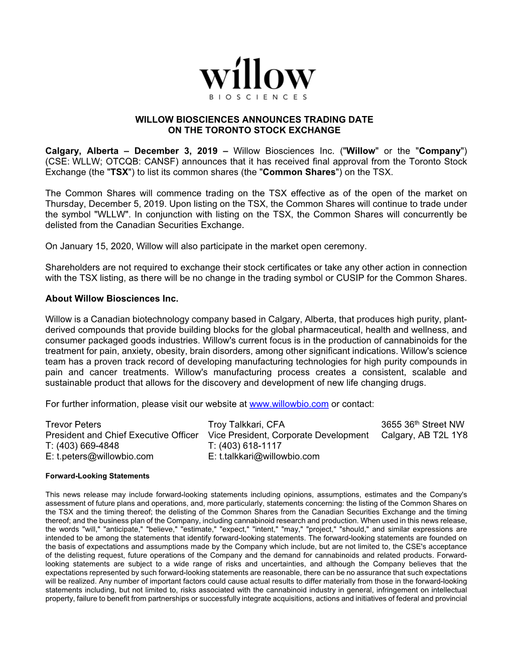 Willow Biosciences Announces Trading Date on the Toronto Stock Exchange