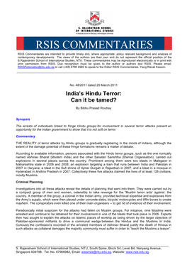 RSIS COMMENTARIES RSIS Commentaries Are Intended to Provide Timely And, Where Appropriate, Policy Relevant Background and Analysis of Contemporary Developments