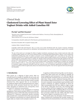 Clinical Study Cholesterol Lowering Effect of Plant Stanol Ester Yoghurt Drinks with Added Camelina Oil