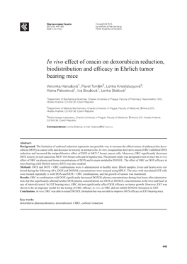 In Vivo Effect of Oracin on Doxorubicin Reduction, Biodistribution and Efficacy in Ehrlich Tumor Bearing Mice