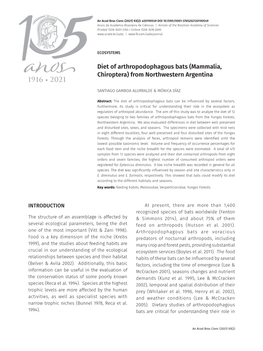 Diet of Arthropodophagous Bats (Mammalia, Chiroptera) from Northwestern Argentina