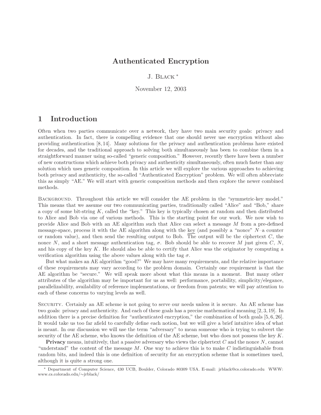 Authenticated Encryption 1 Introduction