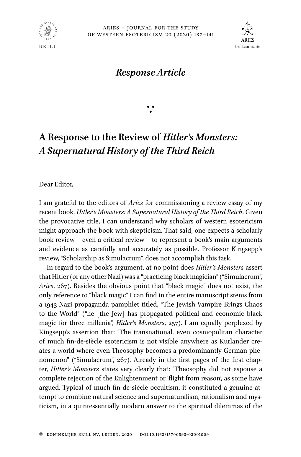 Responsearticle a Response to the Review of Hitler'smonsters