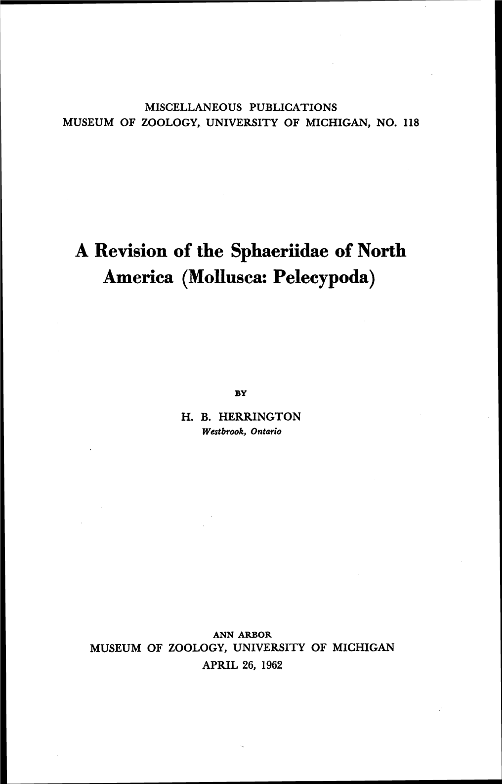 A Revision of the Sphaeriidae of North America (Mollusca: Pelecypoda)