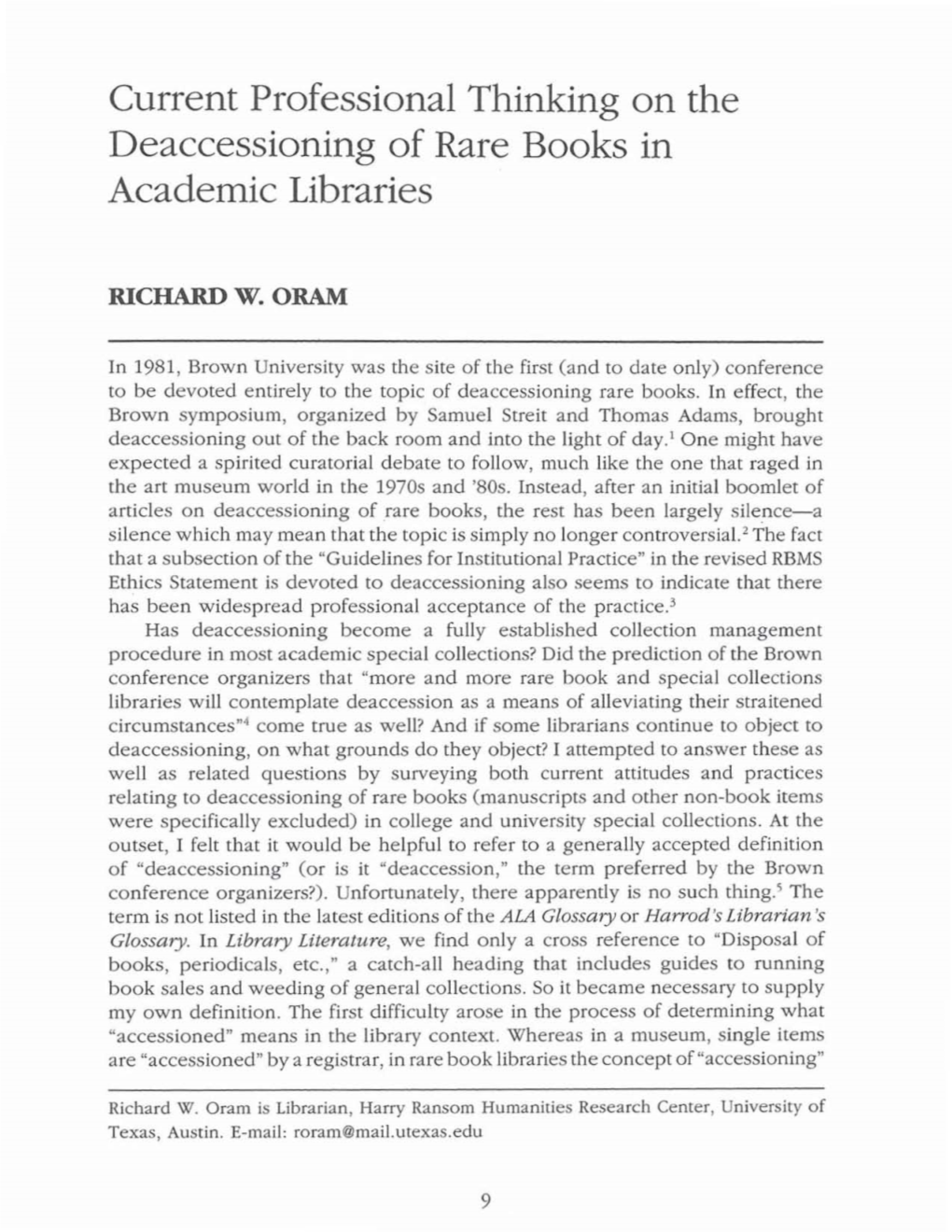 Current Professional Thinking on the Deaccessioning of Rare Books in Academic Libraries