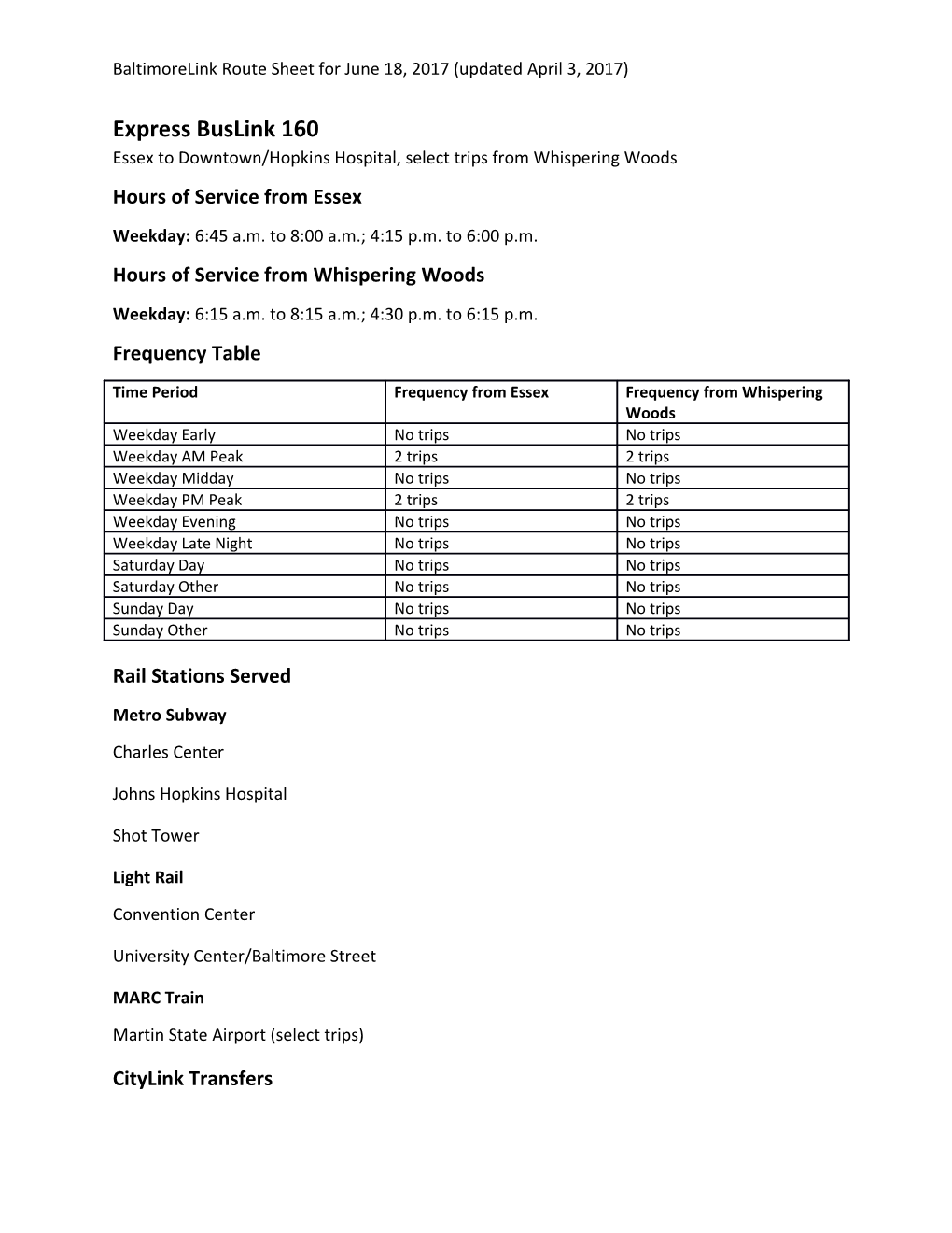 Essex to Downtown/Hopkins Hospital, Select Trips from Whispering Woods