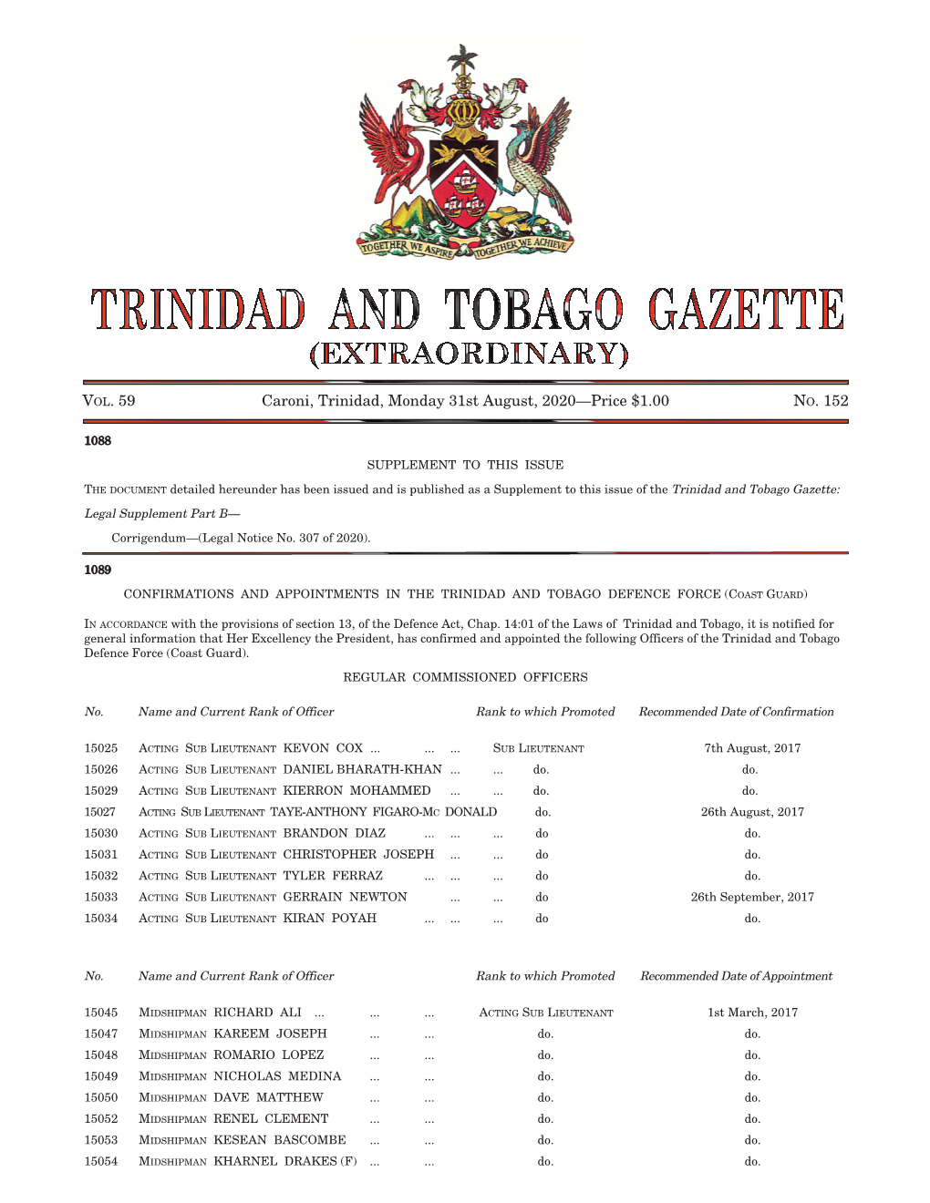 Gazette No. 152, Vol. 59, 31St August, 2020