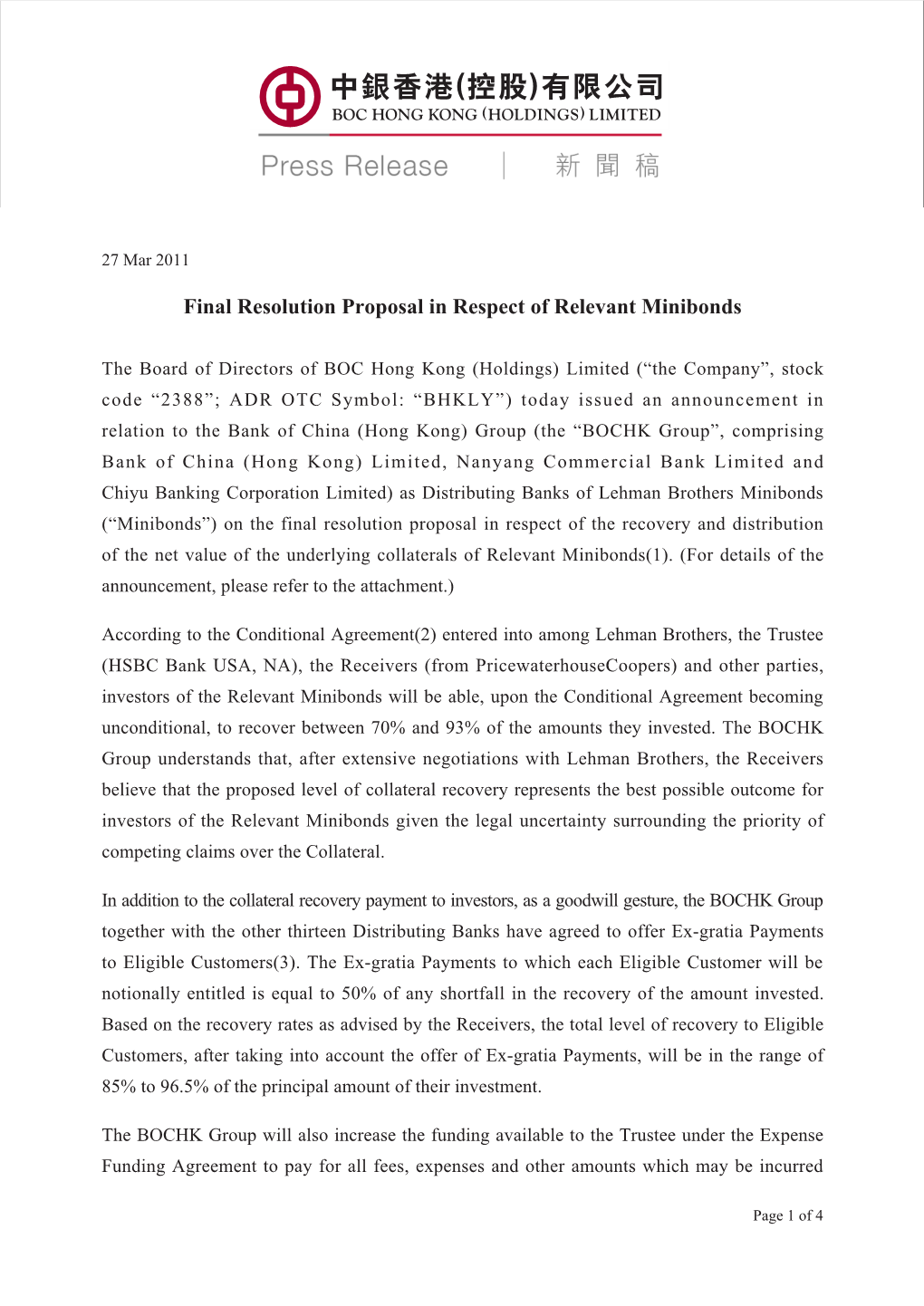 Final Resolution Proposal in Respect of Relevant Minibonds