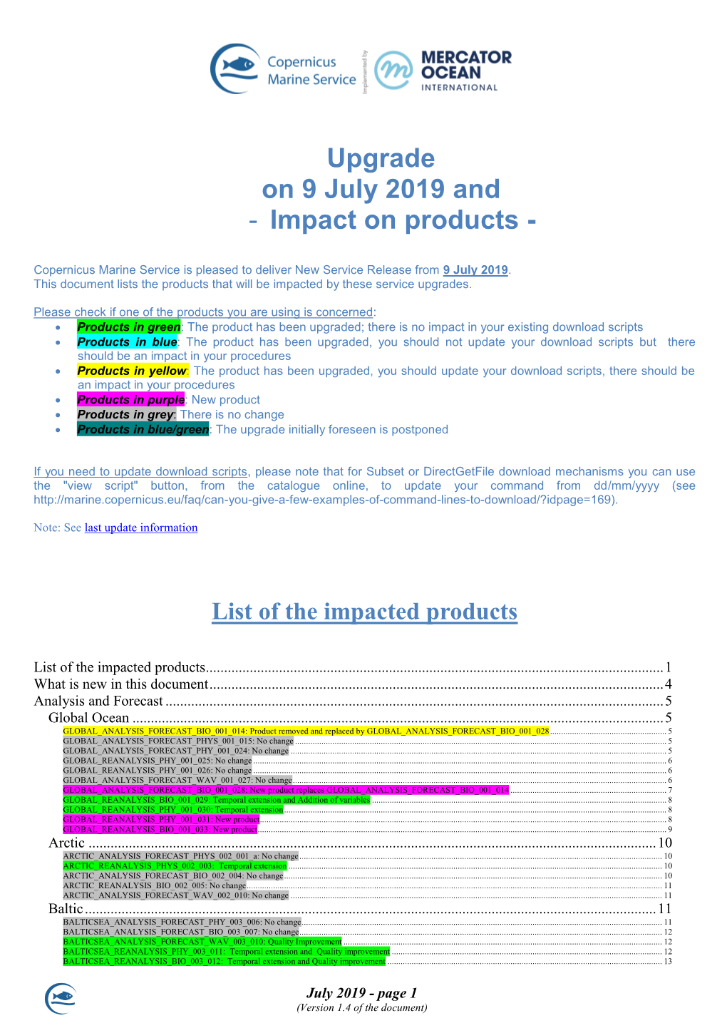 Upgrade on 9 July 2019 and - Impact on Products