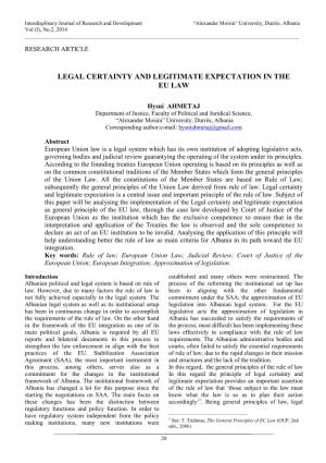Legal Certainty and Legitimate Expectation in the Eu Law
