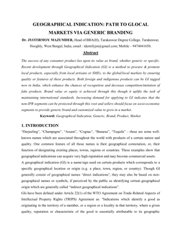GEOGRAPHICAL INDICATION: PATH to GLOCAL MARKETS VIA GENERIC BRANDING Dr