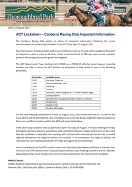 ACT Lockdown – Canberra Racing Club Important Information