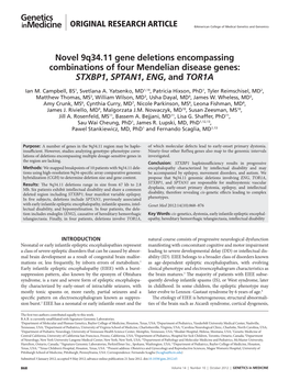 Novel 9Q34.11 Gene Deletions Encompassing Combinations of Four Mendelian Disease Genes: STXBP1, SPTAN1, ENG, and TOR1A