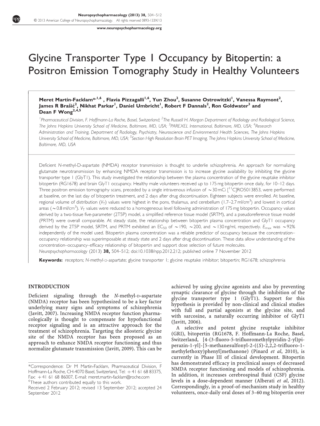 Glycine Transporter Type 1 Occupancy by Bitopertin: a Positron Emission Tomography Study in Healthy Volunteers