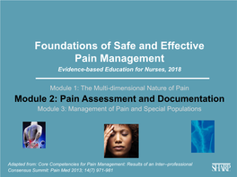 Pain Module 2: Pain Assessment and Documentation Module 3: Management of Pain and Special Populations