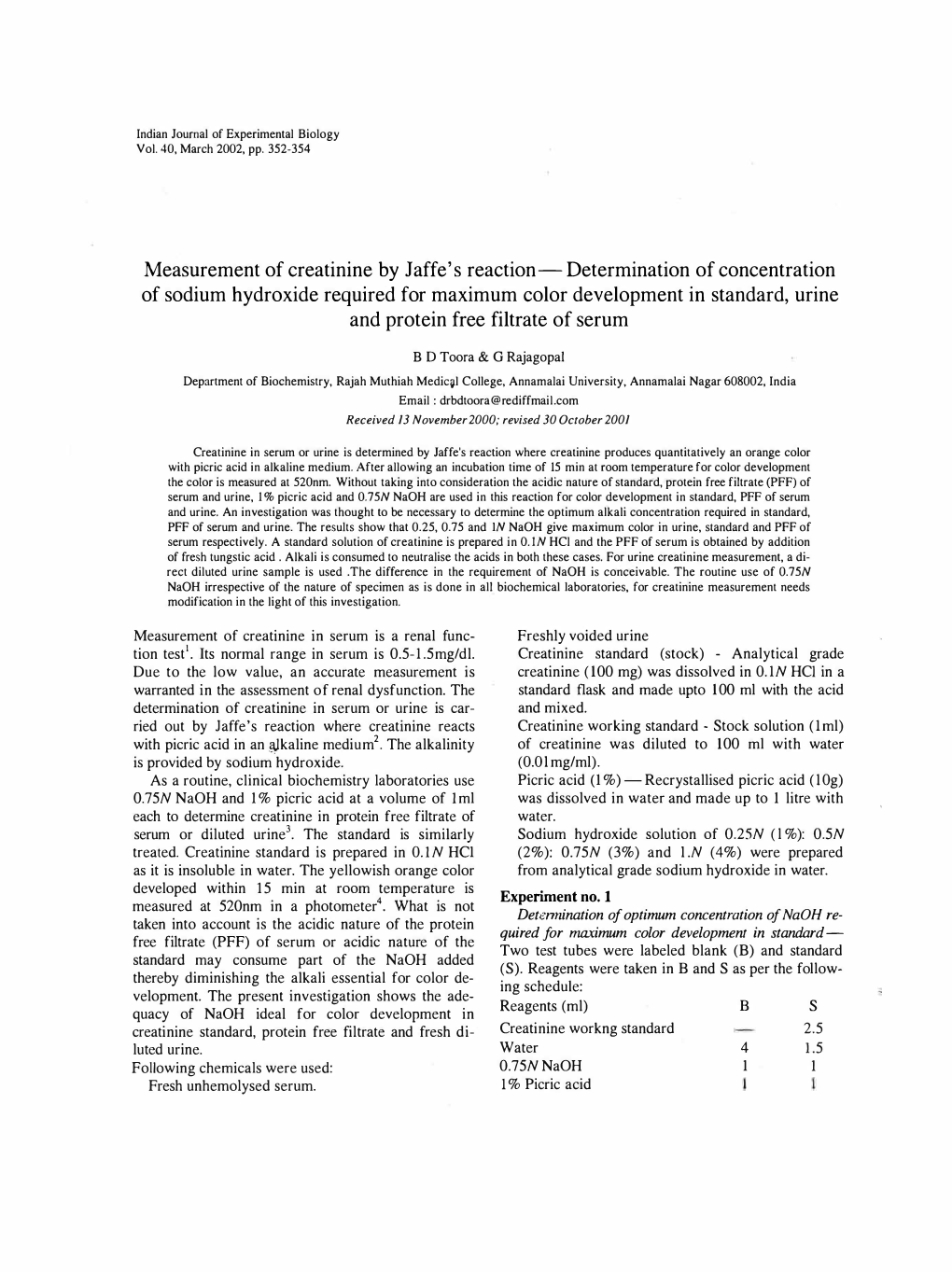 Measurement of Creatinine by Jaffe's Reaction