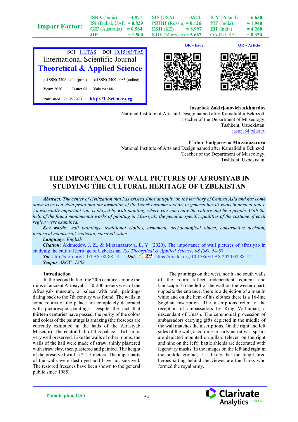 The Importance of Wall Pictures of Afrosiyab in Studying the Cultural Heritage of Uzbekistan. ISJ Theoretical & Applied Science, 08 (88), 54-57