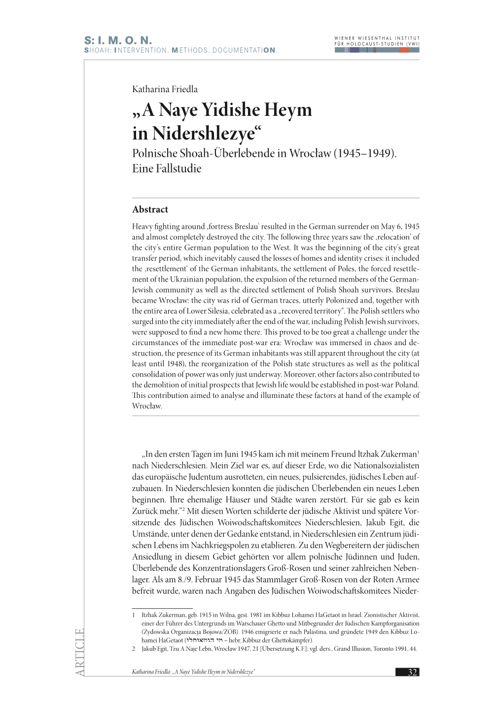 „A Naye Yidishe Heym in Nidershlezye“ Polnische Shoah-Überlebende in Wrocław (1945–1949)