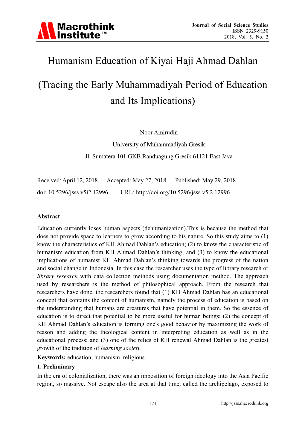 Humanism Education of Kiyai Haji Ahmad Dahlan