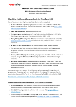 From De Jure to De Facto Annexation 2020 Settlement Construction Report Settlement Watch, March 2021